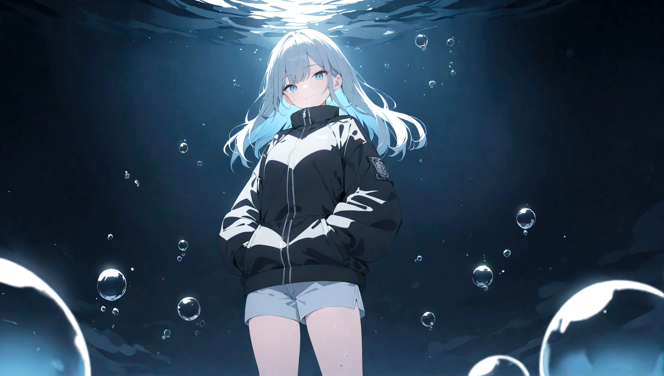 ((top-quality)), ((​masterpiece)), ((ultra-detailliert)), (extremely delicate and beautiful), girl with, solo, cold attitude,((Black jacket)),She is very(relax)with  the(Settled down)Looks,A dark-haired, depth of fields,evil smile,Bubble, under the water, Air bubble,bright light blue eyes,Inner color with light blue hair and dark blue tips,Cold background,Bob Hair - Linear Art, shortpants、knee high socks、White uniform like 、Light blue ribbon ties、Clothes are sheer、Hands in pockets