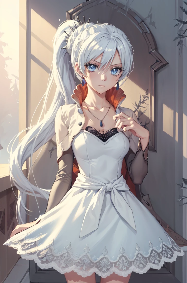 (masterpiece, best quality:1.2), cowboy shot, solo, 1girl, weissvale, expressionless, closed mouth, looking at viewer, crossed arms, ponytail, scar on eye, white dress, jewelry, necklace, earrings