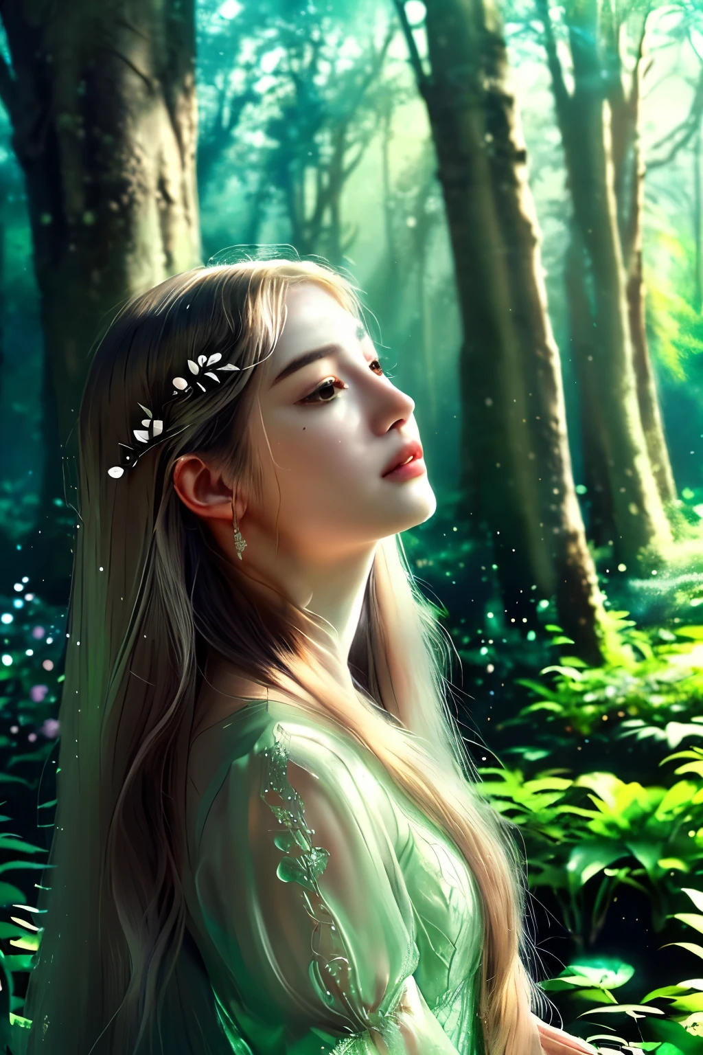 A beautiful young woman, detailed facial features, long flowing hair, elegant dress, serene expression, in a lush garden landscape, sunlight filtering through trees, vibrant colors, photorealistic, 8k, high quality, intricate details, cinematic lighting, ethereal atmosphere、Fairy、Looking up to the sky