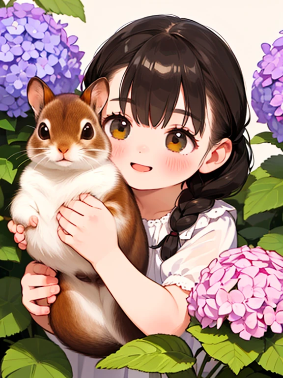 (highest quality,4K,8k,High resolution,masterpiece:1.2), Very detailed, (Deformed, Realistic, Realistic:1.3)，One Girl，cute，Very short stature，8-year-old，Laughing happily, Brown eyes，length, fluffy, Black hair braids，White Dress，Hug a squirrel，The squirrel is much bigger than the girl..，The squirrel is a chipmunk，The background in early summer is the garden of a country house，Hydrangea，