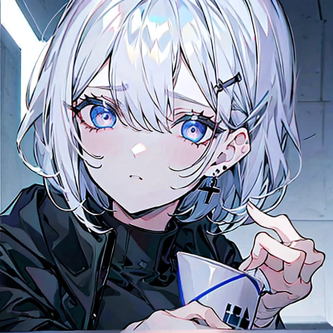 Blue eyes, short hair, silver hair, Cute face, I cup ,black cross earrings,black suit,black suit pants,girl 