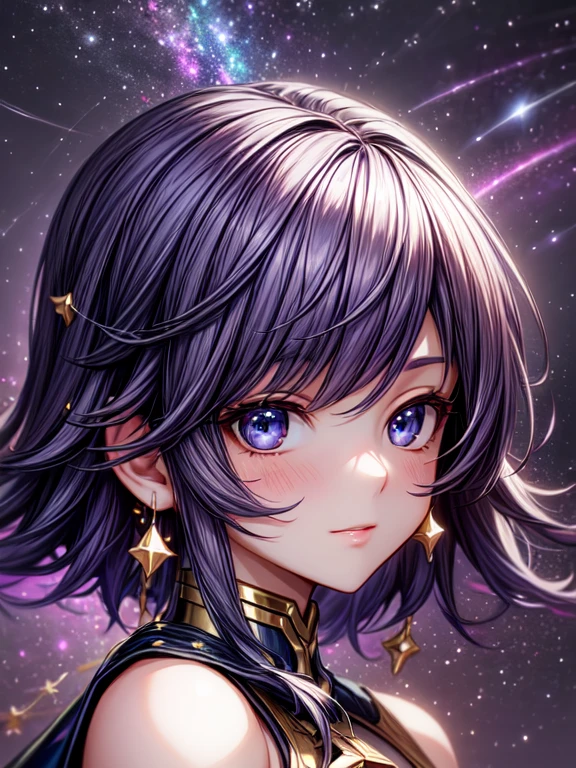 high detail, Super Detail, super high resolution, Girl enjoying time in dream galaxy, surrounded by stars, warm light fell on her, background - starry sky with colorful galaxies and galactic clouds, stars fly around her, Tender face, adding a playful atmosphere ,  