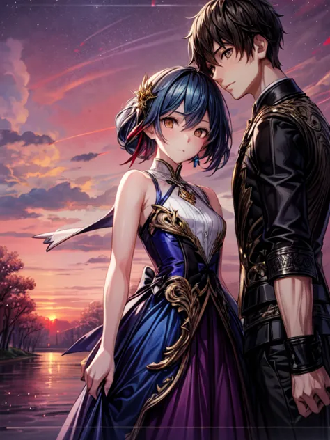 fan art; 1 girl, 1 boy, dress, on open air, red sky, yellow bow,, ultra detailed