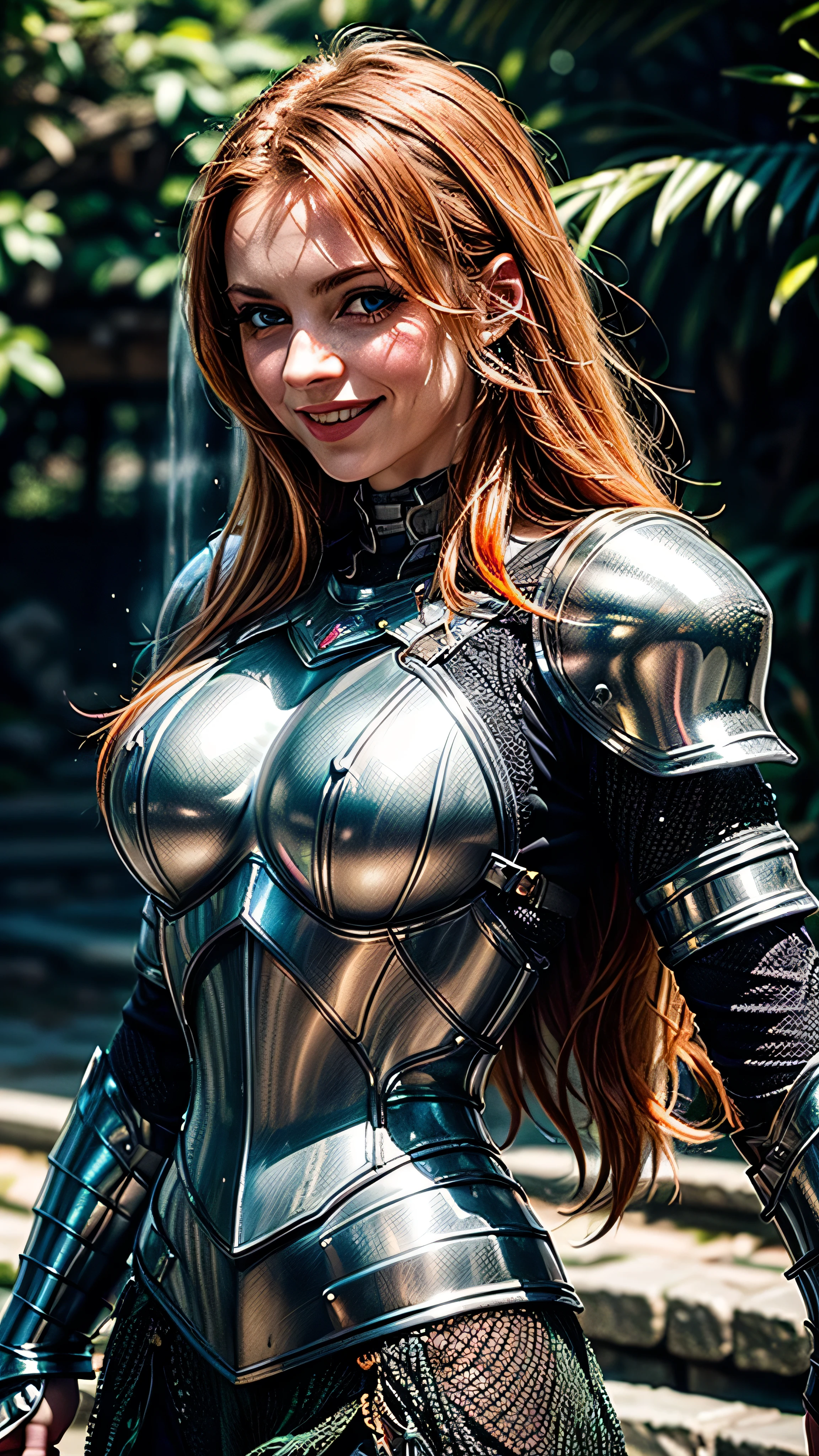 (masterpiece, photorealistic:1.4, extremely intricate:1.3), (photon mapping, radiosity, physically based rendering, ultra resolution, hyper-realistic, photorealistic:1.4, hyper-realistic, 8K), portrait of a muscular girl, ((armor from the late Renaissance, black chrome perfectchainmail armor:0.8, (long eyelashes), clear green eyes, humid, humid, smiling)), metal reflections, upper body, portrait, outdoors, intense sunlight, far away waterfall, tropical, professional photograph of a stunning woman, (long straight bright orange hair, blowing, dynamic pose), sharp focus, dramatic, award winning, cinematic lighting, (film grain, bokeh, interaction)
