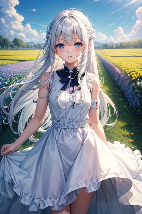 
A woman in a short dress stands in a flower field. Blue. Remix. Prompt word. Copy prompt word. A woman with long white hair and...