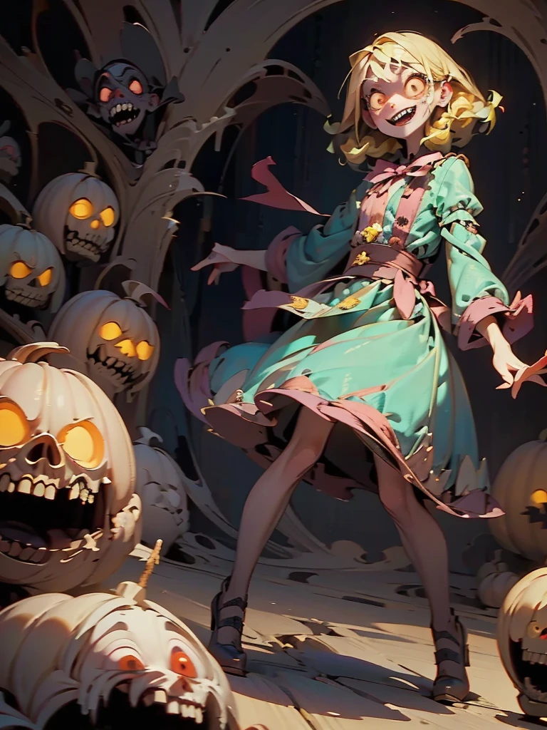 Gruesome and spooky details、An atmosphere full of suspense and tension、Psychological horror、Cute Smile、Mysterious and unsettling atmosphere、A terrifying moment、Nightmare scenario、Alice in Wonderland、Blonde、Big shoes、Enthusiastic atmosphere、Mischievous Smile、Expressive gestures、Comical movement、Psychedelic world