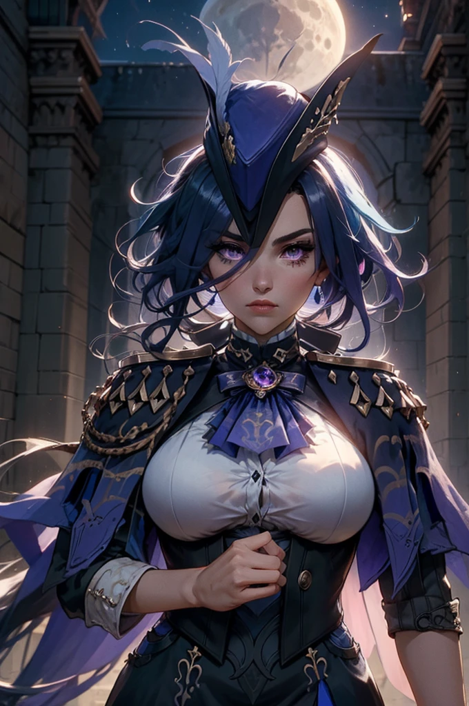 (masterpiece, best quality:1.2), solo, 1girl, , swordup, best quality, highly detailed, 1girl, solo, giclorinde, purple eyes, large breasts, hair between eyes, long hair, dark blue hair, earrings, black skirt, miniskirt, pantyhose, purple ascot, purple capelet, black corset, black pantyhose, black skirt, white gloves, hat, tricorne, night , full moon