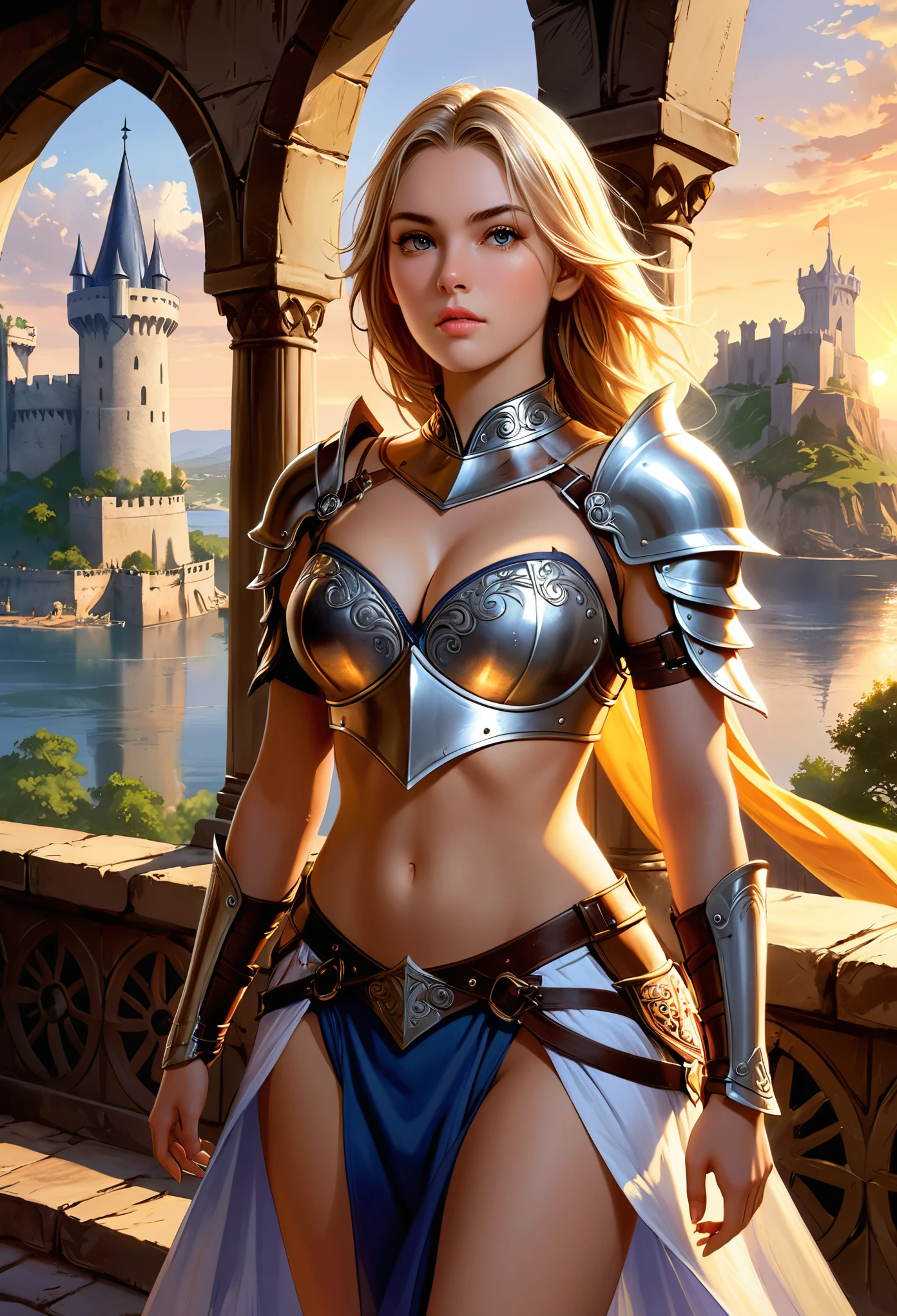 (masterpiece, top quality, best quality, official art, beautiful and aesthetic:1.2),(colorful:1.2),

(1girl:1.2),

beautiful face, pale face, black eyes, a pale warrior princess, woman  shining eyes, serious expression,blade right hand, cleavage, sexy, bikini armor

cape, embroidery,silver_armor, detailed medieval fortress in background, fantasy setting, sunset, sunny day

, fantasy concept art, 