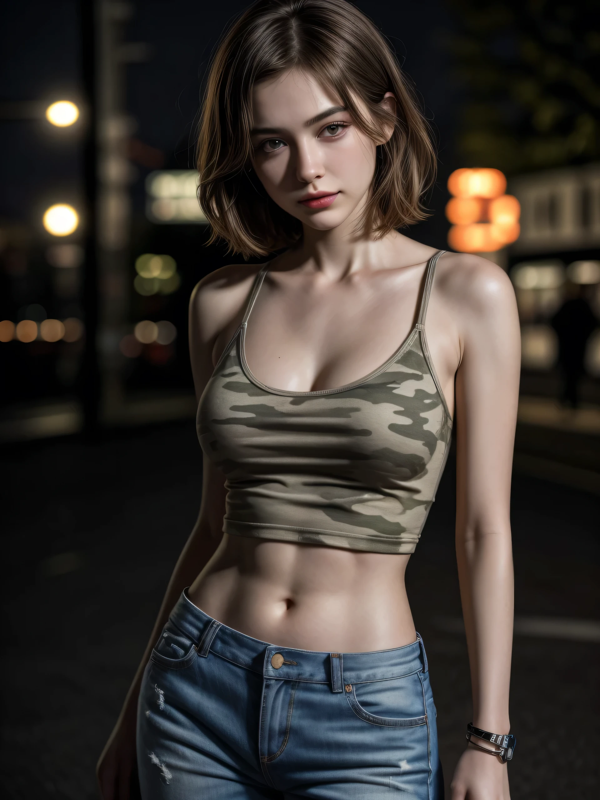 (Best quality, photorealistic, highres, reality, realistic), Outdoor fashion shoot, close-up, upper body shot, a Russian beautiful girl, swept sided short bob, wearing camouflage tank shirt, rip pants, bracelet, delicate face, big breasts, slender body, smirk, (at midnight street), dark, shadowy.
