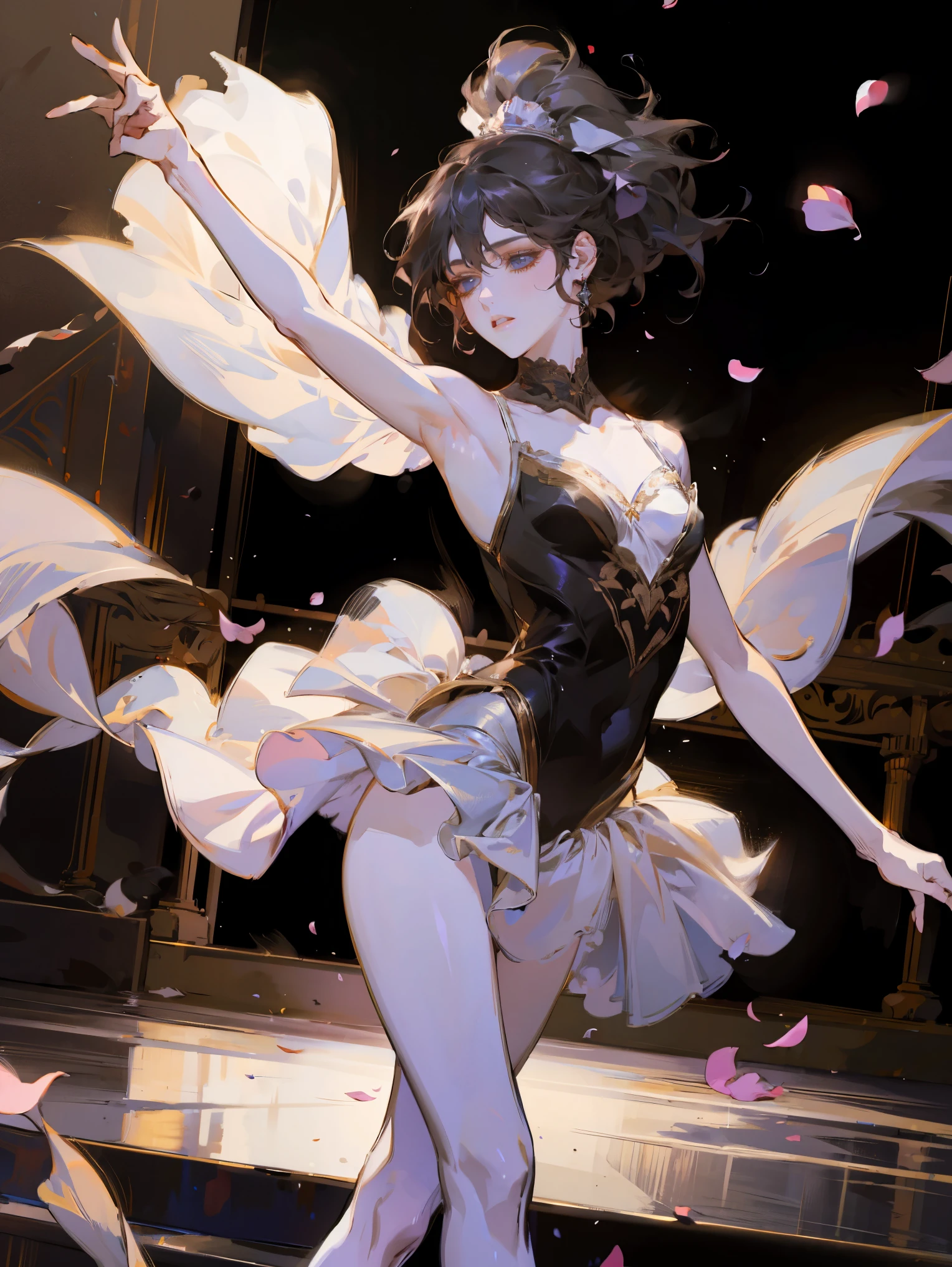 Girl ballerina black swan. Tragic scene, dynamic pose, stage lighting, flower petals in the air, absurdity