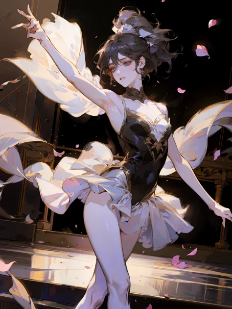 girl ballerina black swan. tragic scene, dynamic pose, stage lighting, flower petals in the air, absurdity