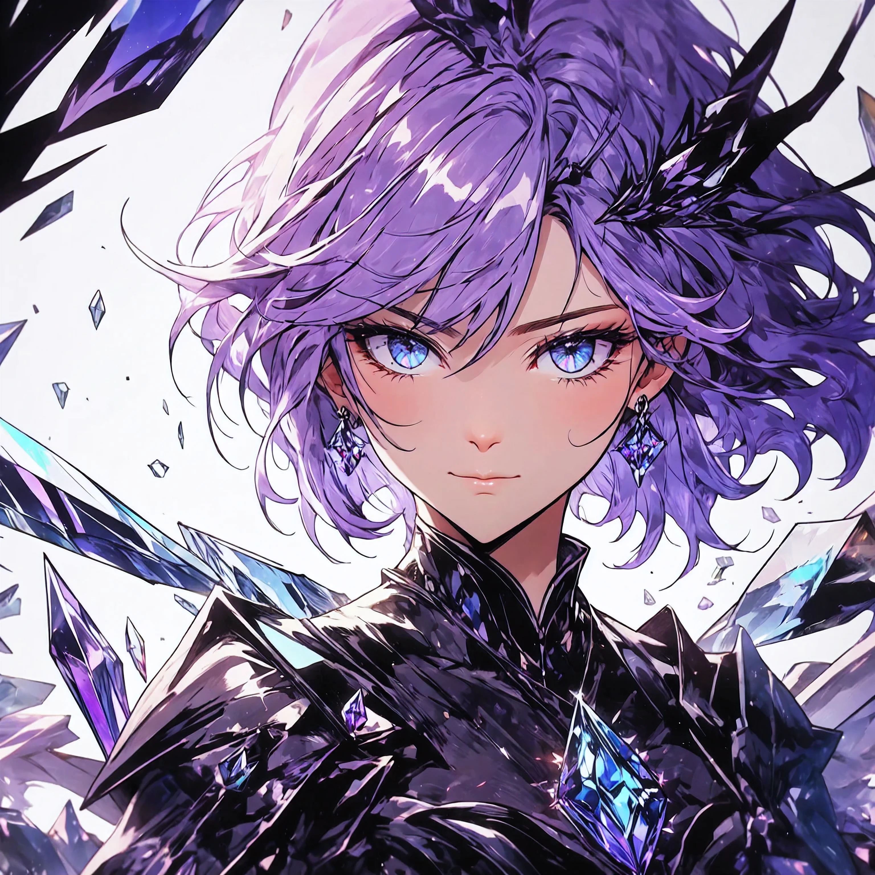 (incredibly absurdres, smooth, 8k wallapaper, masterpiece, hyper extreme detailed:1.2), close up, dynamic pose, (flat chest, solo:1.2), 1girl, goddess, purple crystal eyes, (crystal hair:1.376), mythical, purple flames, crystallineAI, black dress, simple dress, royalty, armored dress, queen, royalty, eft_shikimori, long hair, mature,rtjk