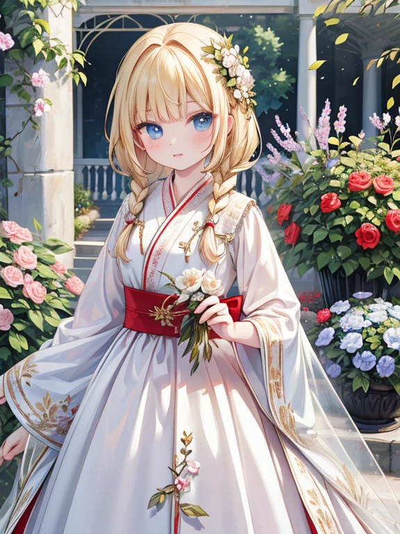 masterpiece, highest quality, Very detailed, 16k, Ultra-high resolution, Cowboy Shot, Detailed face, Perfect Fingers, One female, aged 14, blue eyes, Blonde, Braid, royal palace, garden, hjy, a woman in a red and white dress and a red and white robe