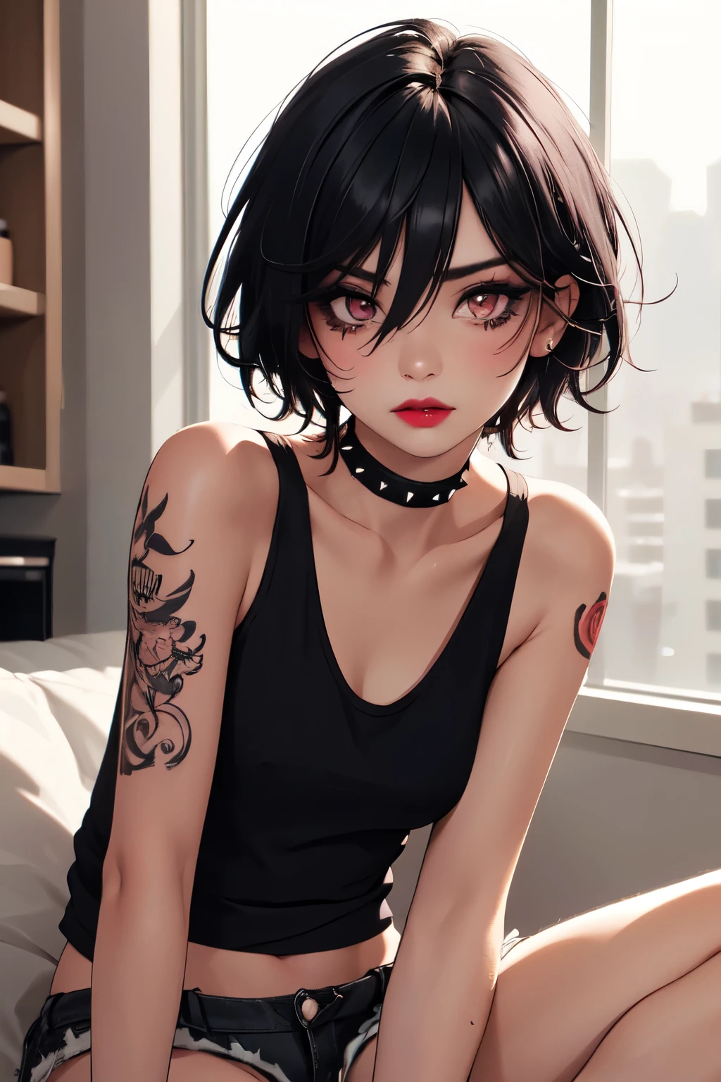  1girl, solo, face, looking at viewer, punk, black hair, short hair, spiked hair, hair between eyes, mascara, eyeliner, eyeshadow, lipstick, tattoo, tank top, short shorts.