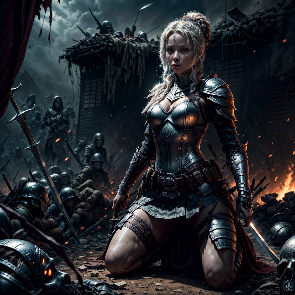 8K, Best Quality, Masterpiece, Ultra High Resolution, (highly detailed CG unity 8k wallpaper), (best illustration), (best shadows), isometric 3D, octane rendering, ray tracing, highly detailed, (wide panoramic view: 1.1), a female warrior in armor with a sword in her hands sits on a pile of mutilated corpses of dead monsters in the middle of an epic battlefield