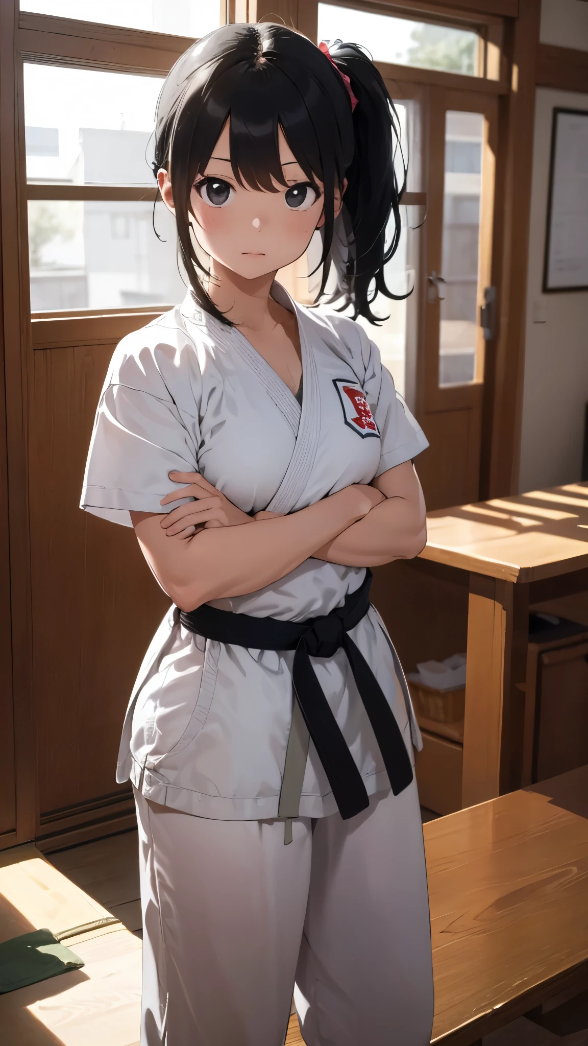 ((masterpiece, best quality, ultra-detailed, very fine 8KCG wallpapers)), 1girl, solo, Slightly chubby, medium hair, black hair, ponytail, black eyes,Judo player、Judo、Inside the dojo、Sitting upright、Arms crossed、