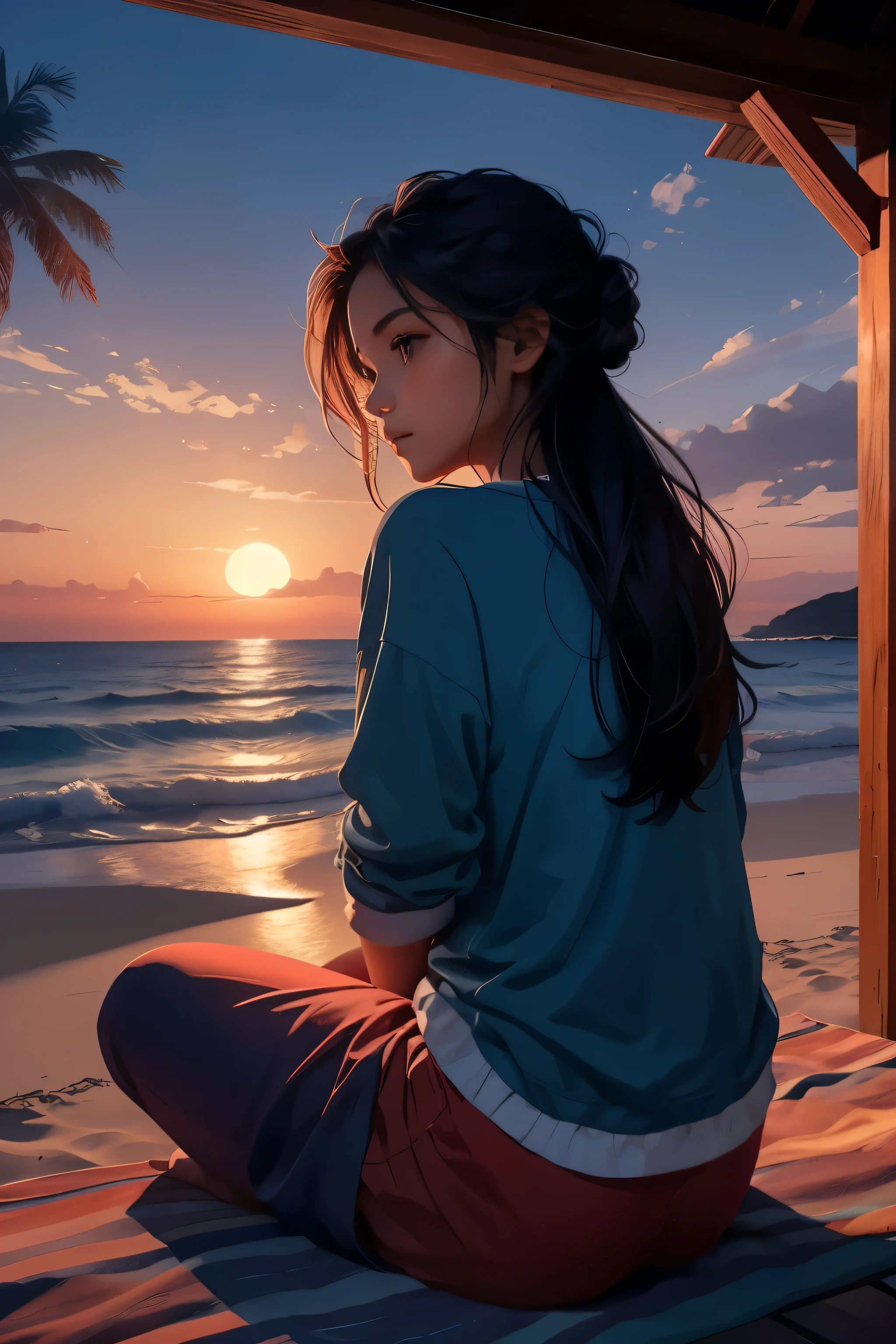 赤と青の色合いの夕日が沈むビーチで、快適な服を着て座っている女の子の後ろ姿の写真, 手に持った貝殻を眺めながら穏やかで穏やかな雰囲気