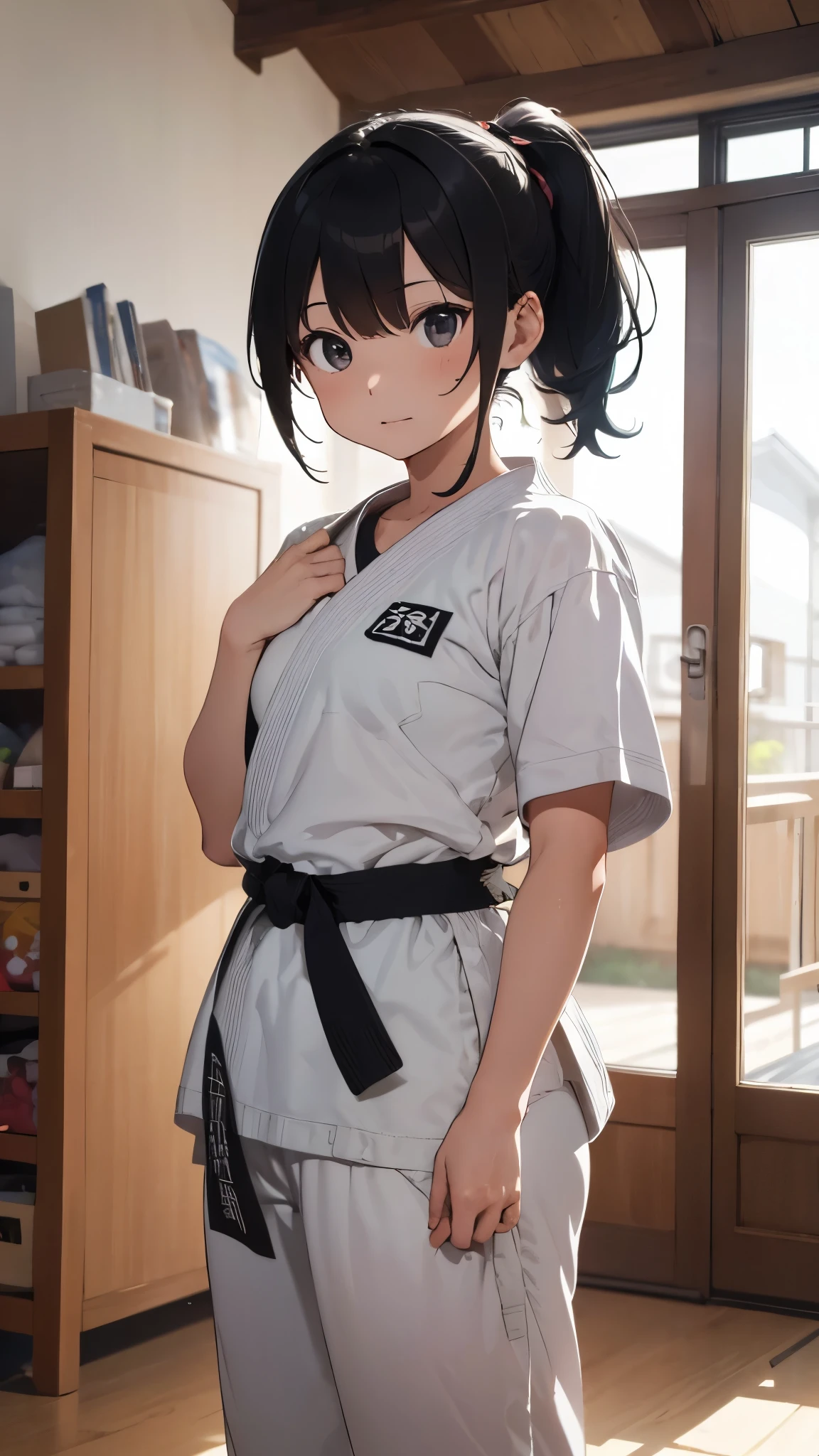 ((masterpiece, best quality, ultra-detailed, very fine 8KCG wallpapers)), 1girl, solo, Slightly chubby, medium hair, black hair, ponytail, black eyes,Judo player、Judo、Inside the dojo、Standing pose、View from below、Rin々A funny expression