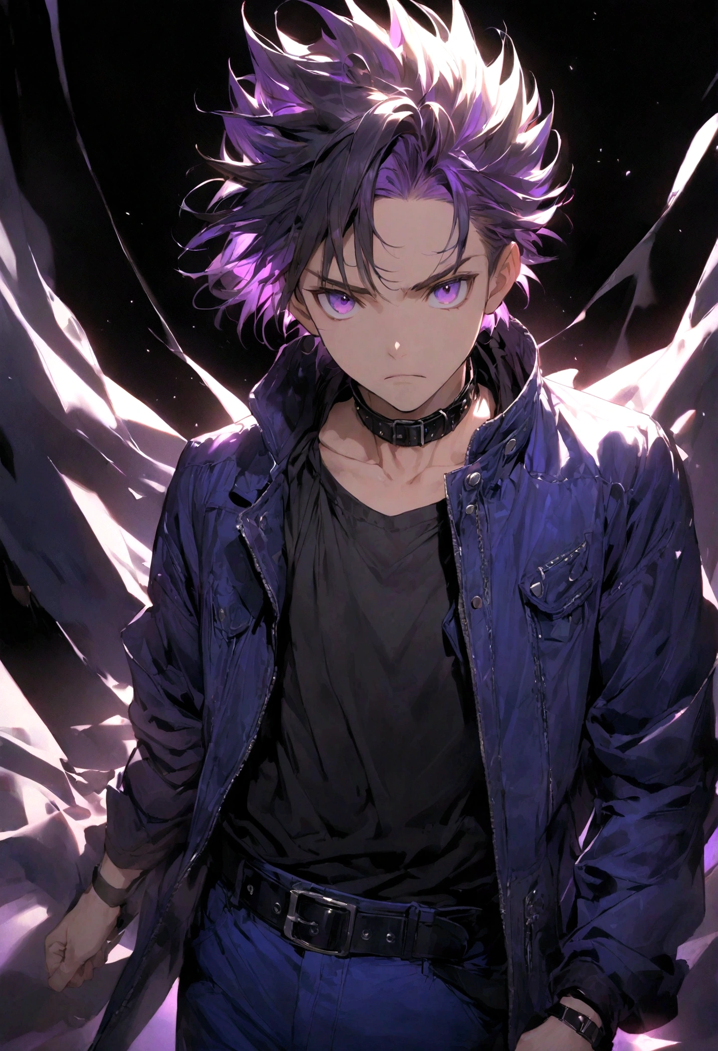 solo, looking at viewer, bangs, blonde hair, simple background, shirt, black hair, long sleeves, 1boy, closed mouth, standing, purple eyes, collarbone, jacket, purple hair, male focus, multicolored hair, open clothes, choker, belt, pants, collar, open jacket, black shirt, frown, spiked hair, blue jacket, black background, clenched hand, buckle, black belt, belt buckle, blue pants, black collar, dyed bangs