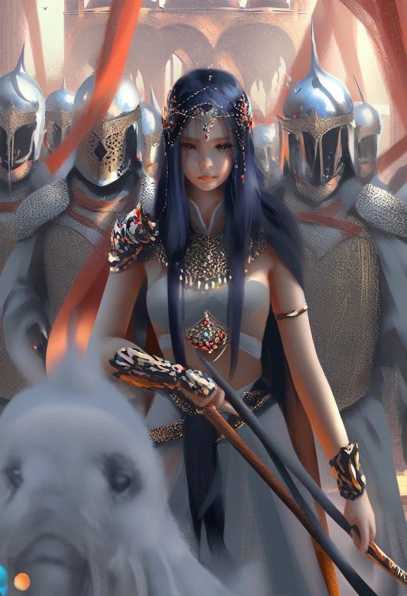 by wlop, epic scene, arabic warrior, colorful clothes, night, beautiful face, spirit scene, holding sword, perfect hand, intricate details armor, feather helmet, crowd, war, masterpiece, best quality, amazing quality, very aesthetic, absurdres