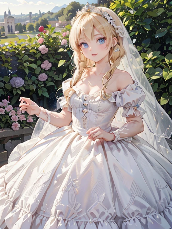 masterpiece, highest quality, Very detailed, 16k, Ultra-high resolution, Cowboy Shot, Detailed face, Perfect Fingers, One female, aged 10, blue eyes, Blonde, Braid, royal palace, garden, wedding princess dress