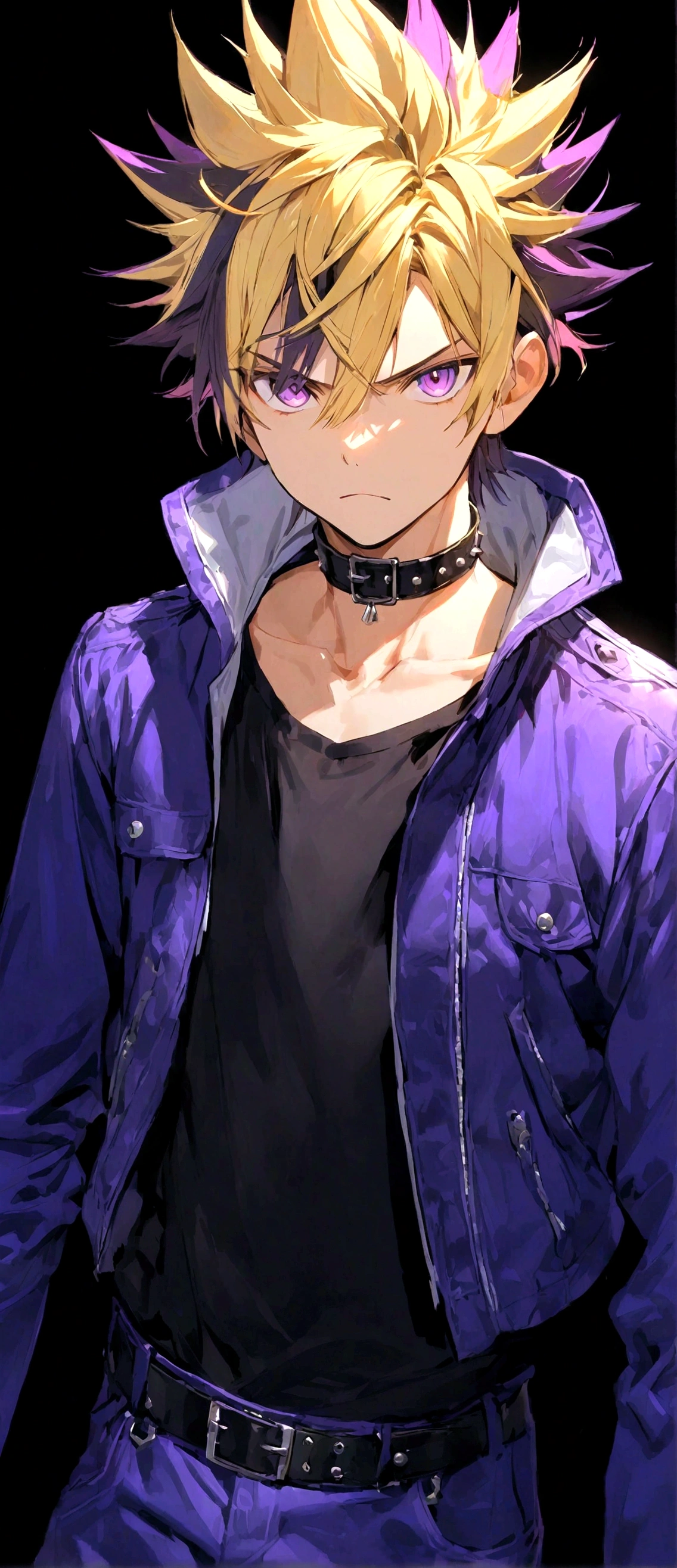 solo, looking at viewer, bangs, blonde hair, simple background, shirt, black hair, long sleeves, 1boy, closed mouth, standing, purple eyes, collarbone, jacket, purple hair, male focus, multicolored hair, open clothes, choker, belt, pants, collar, open jacket, black shirt, frown, spiked hair, blue jacket, black background, clenched hand, buckle, black belt, belt buckle, blue pants, black collar, dyed bangs