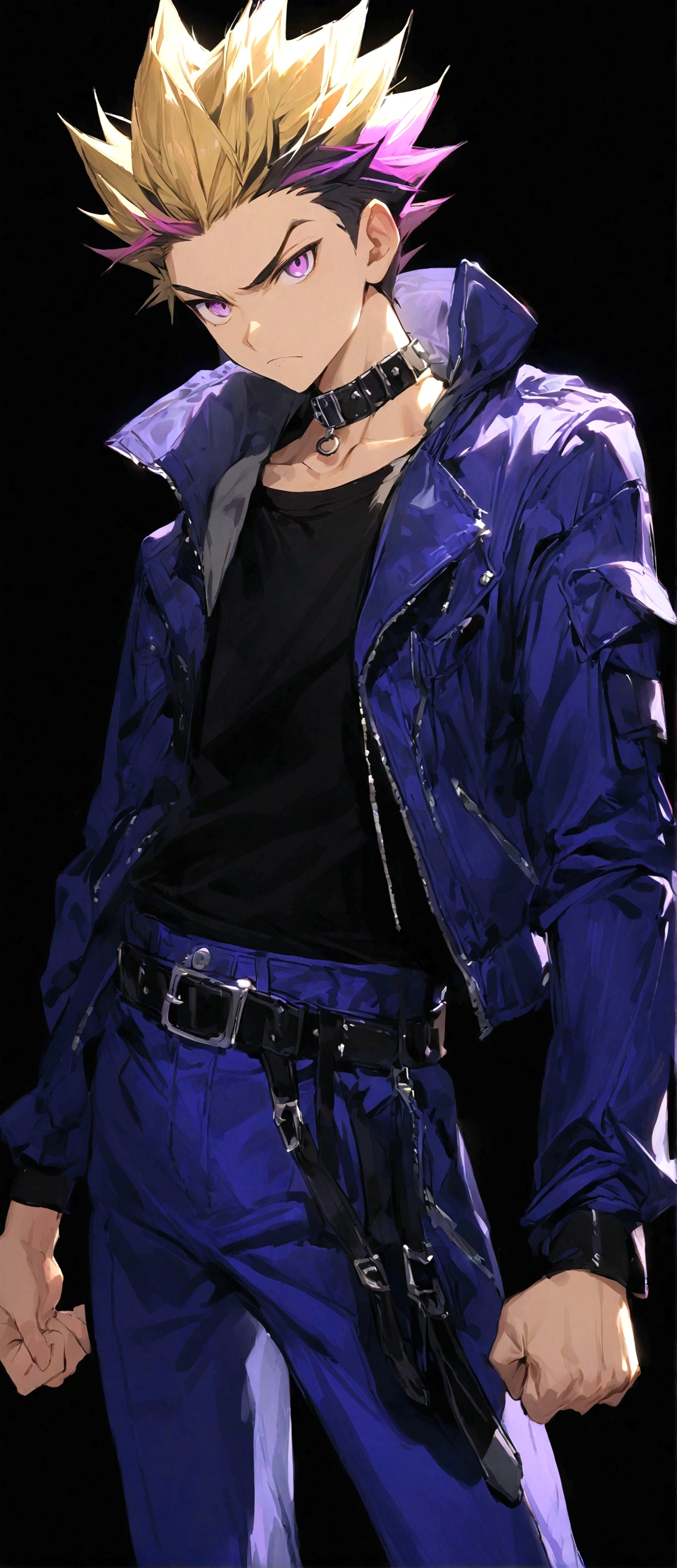 solo, looking at viewer, bangs, blonde hair, simple background, shirt, black hair, long sleeves, 1boy, closed mouth, standing, purple eyes, collarbone, jacket, purple hair, male focus, multicolored hair, open clothes, choker, belt, pants, collar, open jacket, black shirt, frown, spiked hair, blue jacket, black background, clenched hand, buckle, black belt, belt buckle, blue pants, black collar, dyed bangs