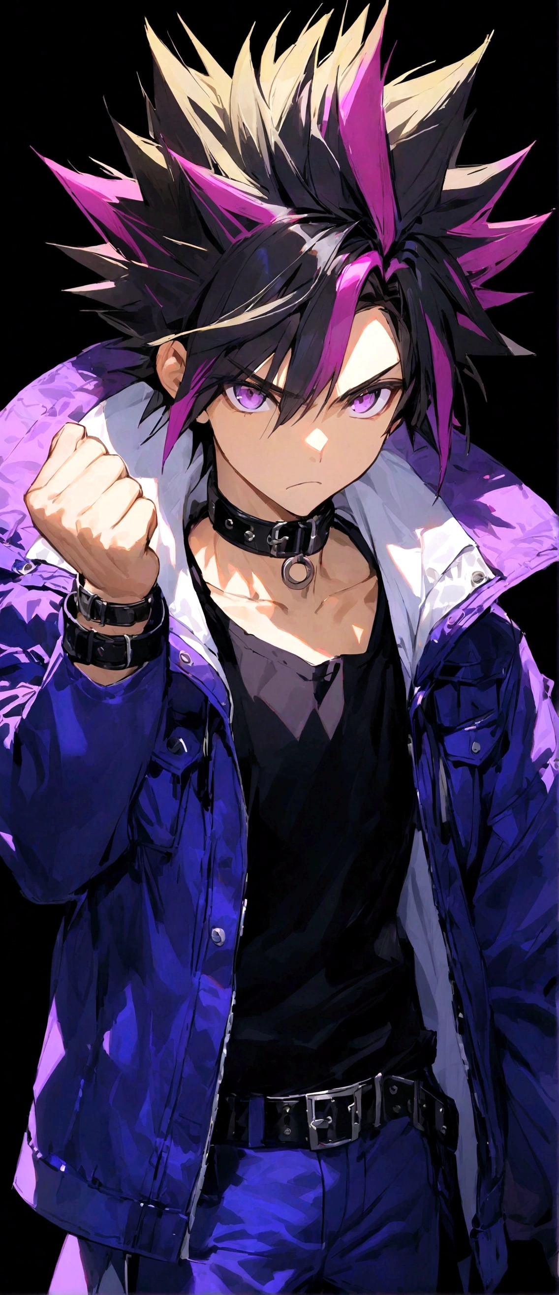 solo, looking at viewer, bangs, blonde hair, simple background, shirt, black hair, long sleeves, 1boy, closed mouth, standing, purple eyes, collarbone, jacket, purple hair, male focus, multicolored hair, open clothes, choker, belt, pants, collar, open jacket, black shirt, frown, spiked hair, blue jacket, black background, clenched hand, buckle, black belt, belt buckle, blue pants, black collar, dyed bangs