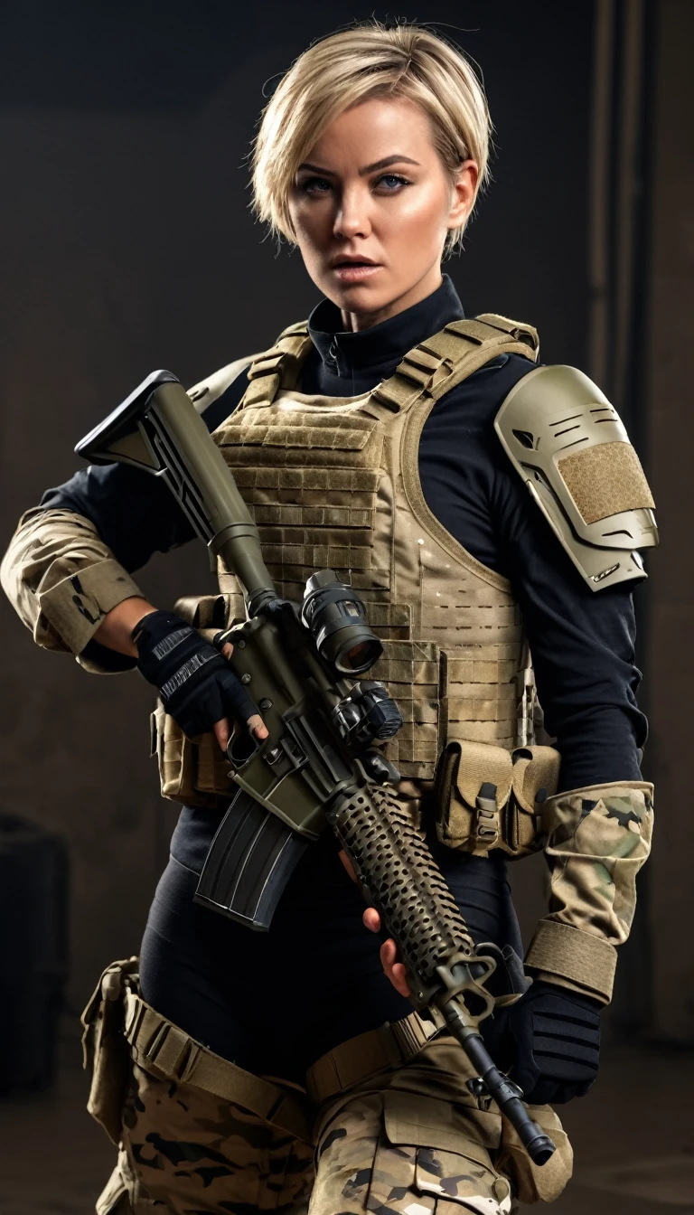 (full body shot:1.4), female warrior, modern soldier, tactical gear, very short blond hair, camouflage makeup, hyper-realistic, cinematic lighting, dynamic pose, intense expression, highly detailed, 8K, photorealistic, dramatic color palette, military atmosphere