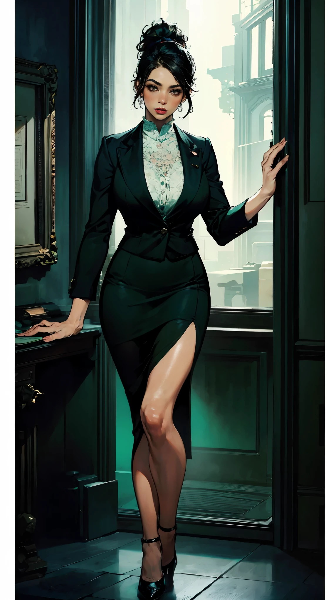 (Best quality, 4K, high resolution, masterpiece:1.2), ultra-detailed, realistic (photo-realistic:1.37), 34 years old, Japanese office lady, (wearing dark green blazer jacket over a crisp white blouse pair with dark green short pencil skirt with front-slit), black ponytail hair, black heels, perfect make up, c cup breasts, toned slim body, flat abs, hourglass body, customer welcome pose, bank background. Sharp focus on details, modern environment, striking visual impact, confidently poised, aura of professionalism, symbol of reliability, high-end lifestyle, extraordinary charisma.
