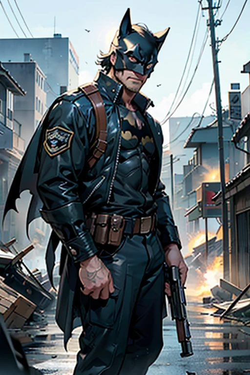 A middle-aged male hired gun, batman mask, stands tall against the backdrop of a chaotic battlefield.His eyes, ultra-detailed and hyperrealistic, convey a fierce intensity and focus. His body, detailed and defined, is outfitted in a military uniform, the fabric worn and weathered from the rigors of combat. In one hand, he clutches a weathered gun, the barrel gleaming in the sunlight. Behind him, the landscape is a blur of explosion and destruction, the ground shaking beneath his feet from the impact of nearby blasts. Despite the chaos around him, his expression remains calm and determined, the lines on his face deepening with each