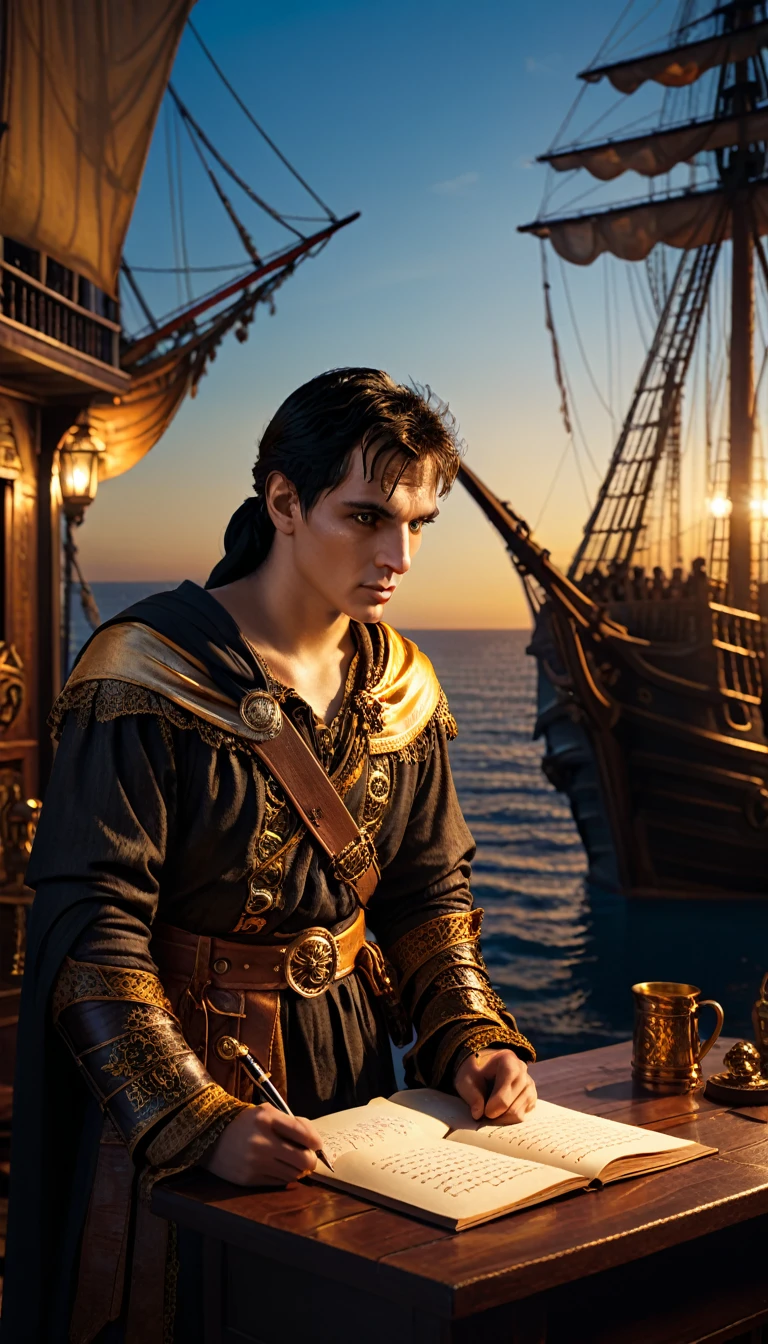 As the sun began to set, The warm golden hues of the sun illuminated his ornate attire, casting a warm glow across the area, Julius Caesar writing poetry on a pirate ship, background dark, hyper realistic, ultra detailed hyper realistic, photorealistic, Studio Lighting, reflections, dynamic pose, Cinematic, Color Grading, Photography, Shot on 50mm lens, Ultra-Wide Angle, Depth of Field, hyper-detailed, beautifully color, 8k, golden light from the front,