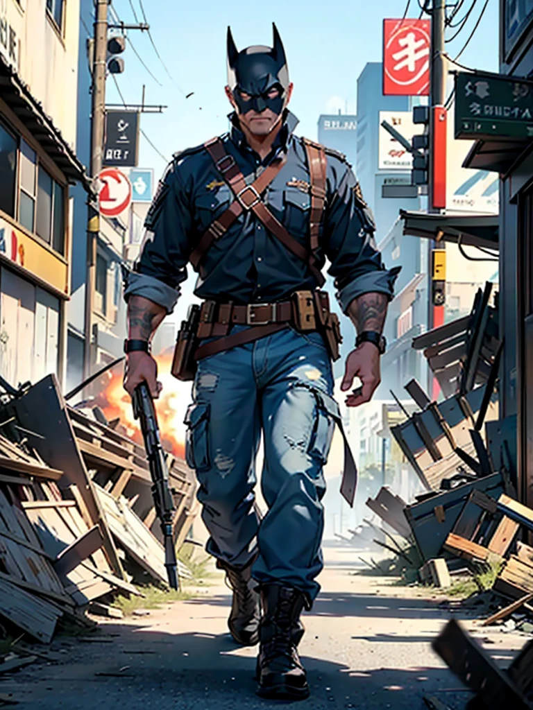 A middle-aged male hired gun, stands tall against the backdrop of a chaotic battlefield.His eyes, ultra-detailed and hyperrealistic, convey a fierce intensity and focus. His body, detailed and defined, is outfitted in a military uniform, the fabric worn and weathered from the rigors of combat. He wears a batman mask, In one hand, he clutches a weathered gun, the barrel gleaming in the sunlight. Behind him, the landscape is a blur of explosion and destruction, the ground shaking beneath his feet from the impact of nearby blasts. Despite the chaos around him, his expression remains calm and determined, the lines on his face deepening with each
