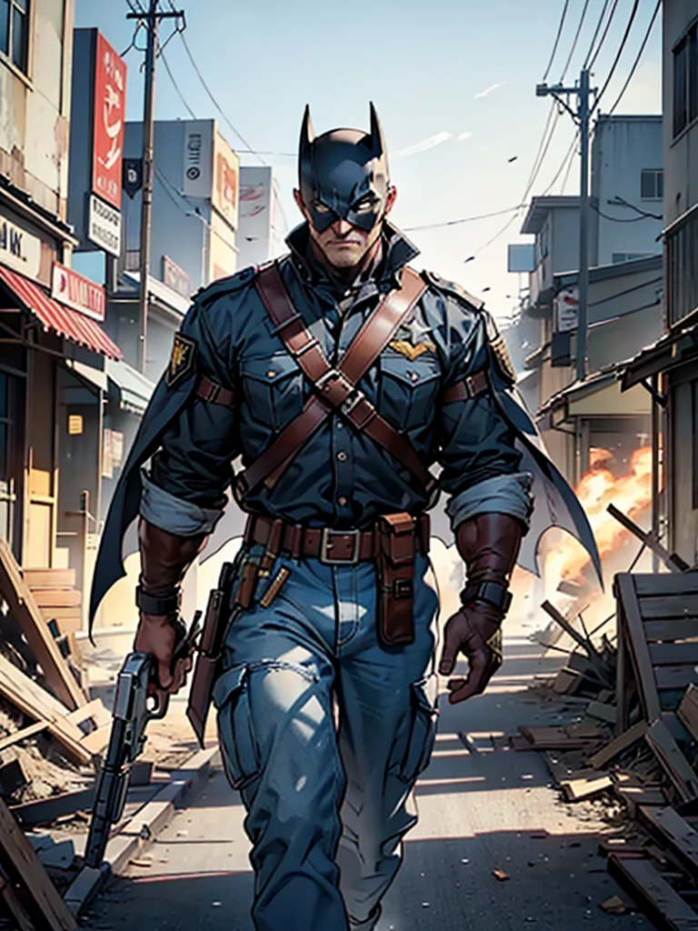 A middle-aged male hired gun, stands tall against the backdrop of a chaotic battlefield.His eyes, ultra-detailed and hyperrealistic, convey a fierce intensity and focus. His body, detailed and defined, is outfitted in a military uniform, the fabric worn and weathered from the rigors of combat. He wears a batman mask, In one hand, he clutches a weathered gun, the barrel gleaming in the sunlight. Behind him, the landscape is a blur of explosion and destruction, the ground shaking beneath his feet from the impact of nearby blasts. Despite the chaos around him, his expression remains calm and determined, the lines on his face deepening with each