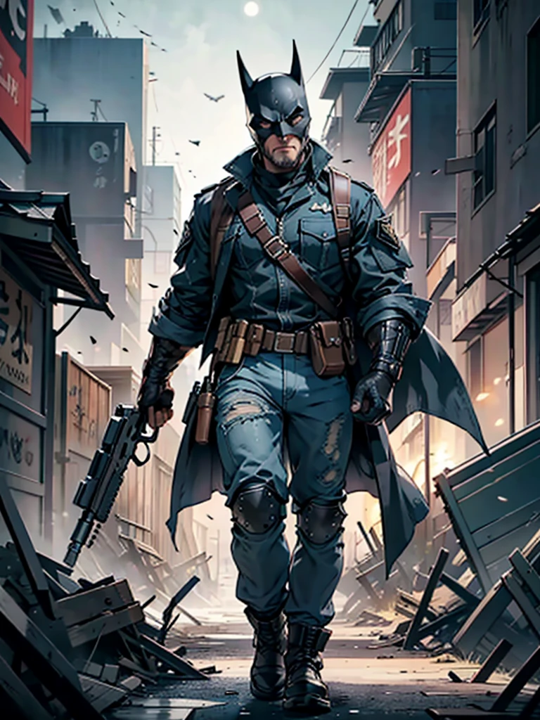 A middle-aged male hired gun, stands tall against the backdrop of a chaotic battlefield.His eyes, ultra-detailed and hyperrealistic, convey a fierce intensity and focus. His body, detailed and defined, is outfitted in a military uniform, the fabric worn and weathered from the rigors of combat. He wears a batman mask, In one hand, he clutches a weathered gun, the barrel gleaming in the moonlight. Behind him, the landscape is a blur of explosion and destruction, the ground shaking beneath his feet from the impact of nearby blasts. Despite the chaos around him, his expression remains calm and determined, the lines on his face deepening with each