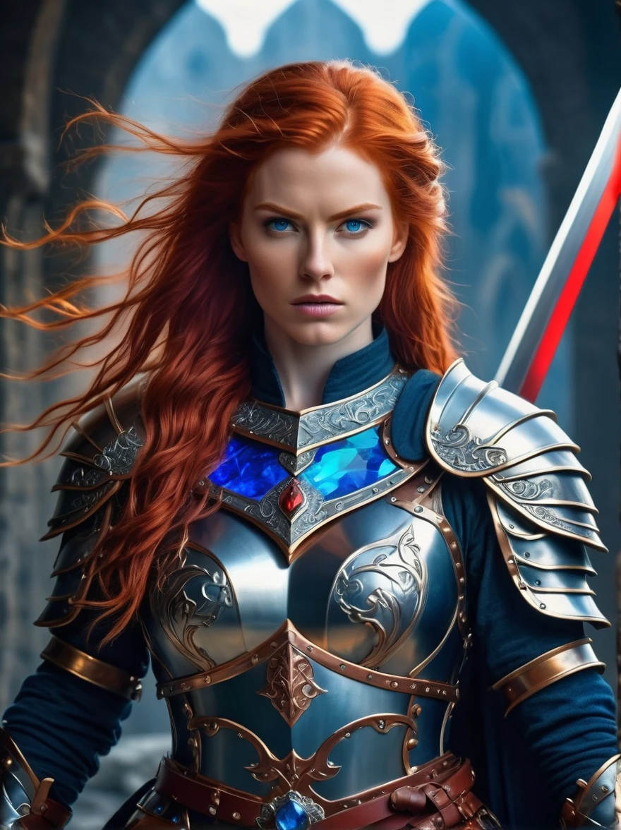 middle Ages，Fantasy scene，Fierce red-haired female warrior，Wear gorgeous armor，A blue gemstone is inlaid on the chest，Holding a large sword，The background echoes the warrior&#39;s magical nature with vibrant energy fields and sparks.，full-body shot，Cartoon Style，Created with C4D and Blender，Blind box toy style，Super Detail，Anatomically correct, masterpiece, accurate, textured skin, super detail, high details, award winning, 8k