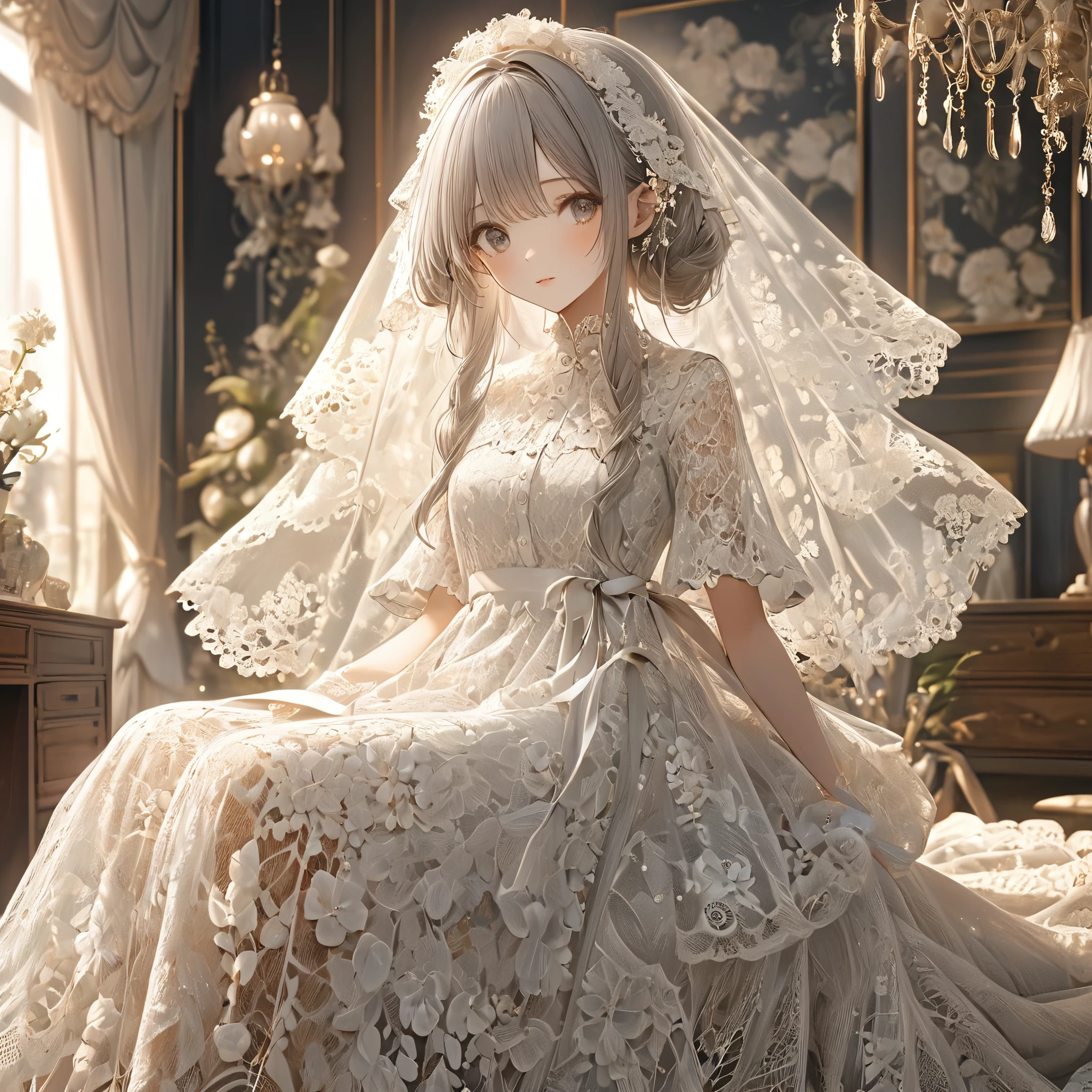 Clothing made of white lace, Beautiful lace dress, Lace clothes for room decoration, indoor, White lace, Very delicate lace, best quality:1.2, 4K, 8K, Very detailed, High Detail, masterpiece:1.2,