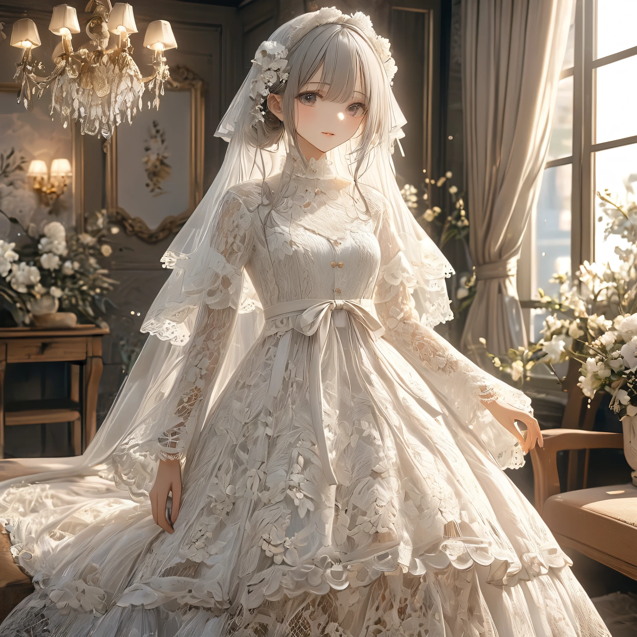 White laceで出来た衣服, Beautiful lace dress, Lace clothes for room decoration, indoor, White lace, Very delicate lace, best quality:1.2, 4k, 8K, Very detailed, High Detail, masterpiece:1.2,