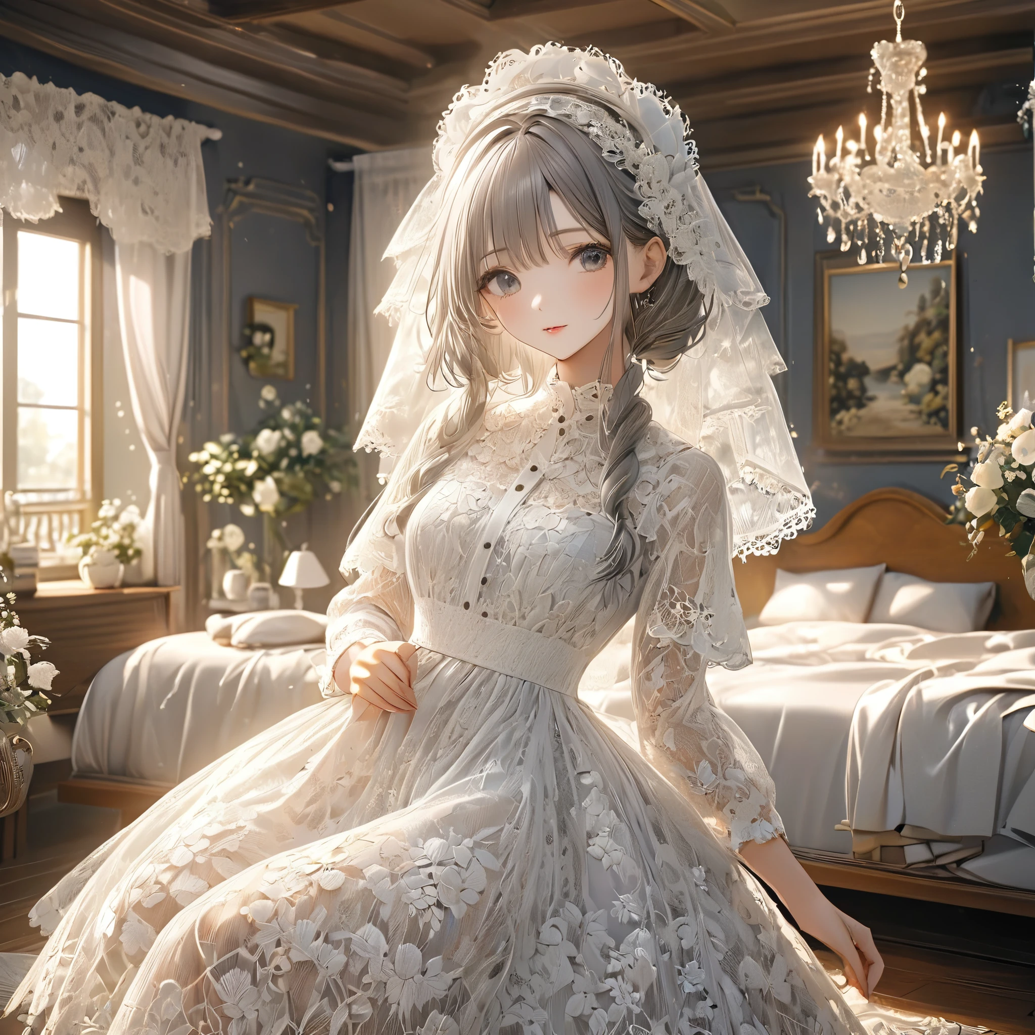 Clothing made of white lace, Beautiful lace dress, Lace clothes for room decoration, indoor, White lace, Very delicate lace, best quality:1.2, 4K, 8k, Very detailed, High Detail, masterpiece:1.2,