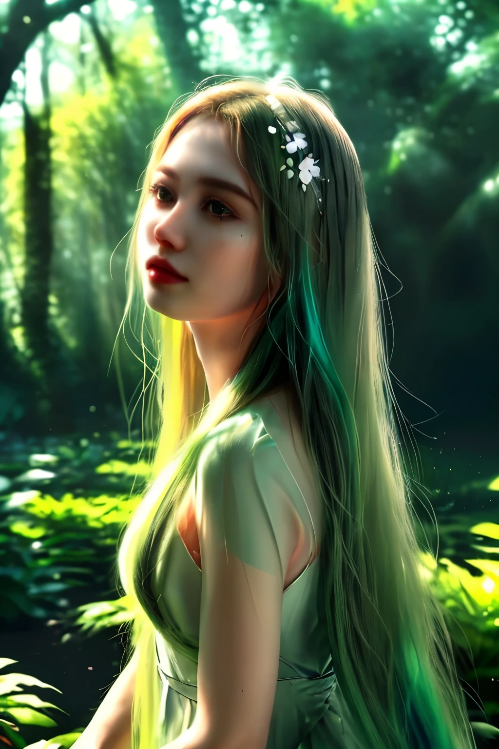 una hermosa joven, rasgos faciales detallados, pelo largo y suelto, vestido elegante, expresión serena, en un exuberante paisaje de jardín, luz del sol filtrándose a través de los árboles, Colores vibrantes, Fotorrealista, 8K, alta calidad, detalles intrincados, iluminación cinematográfica, atmósfera etérea