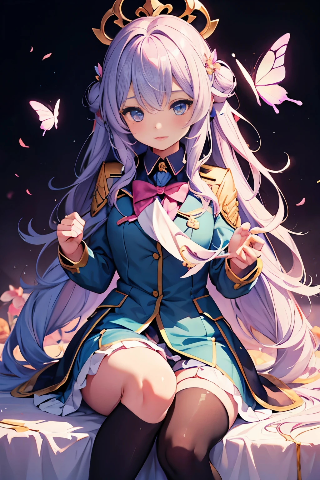 Cute girl with butterflies, long wavy hair, wearing a uniform, whimsical, fantasy, detailed character design, soft pastel colors, ethereal lighting, by Loish and Sakimichan, 4k resolution