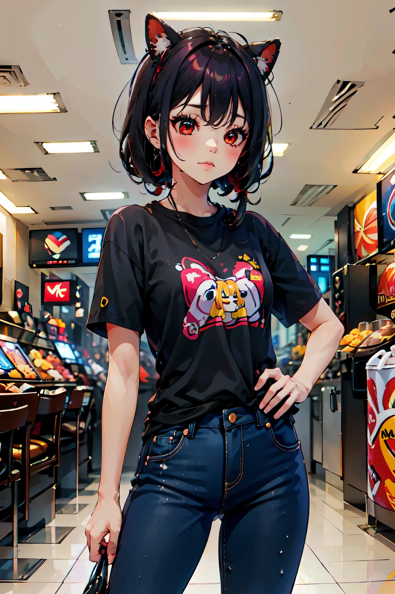 傑作, 最高品質, 高解像度, ジャンコTV, ((ジーンズと半袖Tシャツの90°スタイルのカジュアルな服装)), ((彼の片手には赤いペプシのブランドが付いた青いソーダ缶))
カウボーイショット, 正面図,
Atractivo escote de cajero de マクドナルド maduro, マクドナルド, エッジ照明, 
女の子1名, 一人で, 長い黒髪, 赤い目, 中乳, 視聴者を見つめる猫耳,  
美しい顔, 美しく緻密な赤い目., 美しい体, 美しい胸, 美しい太もも,