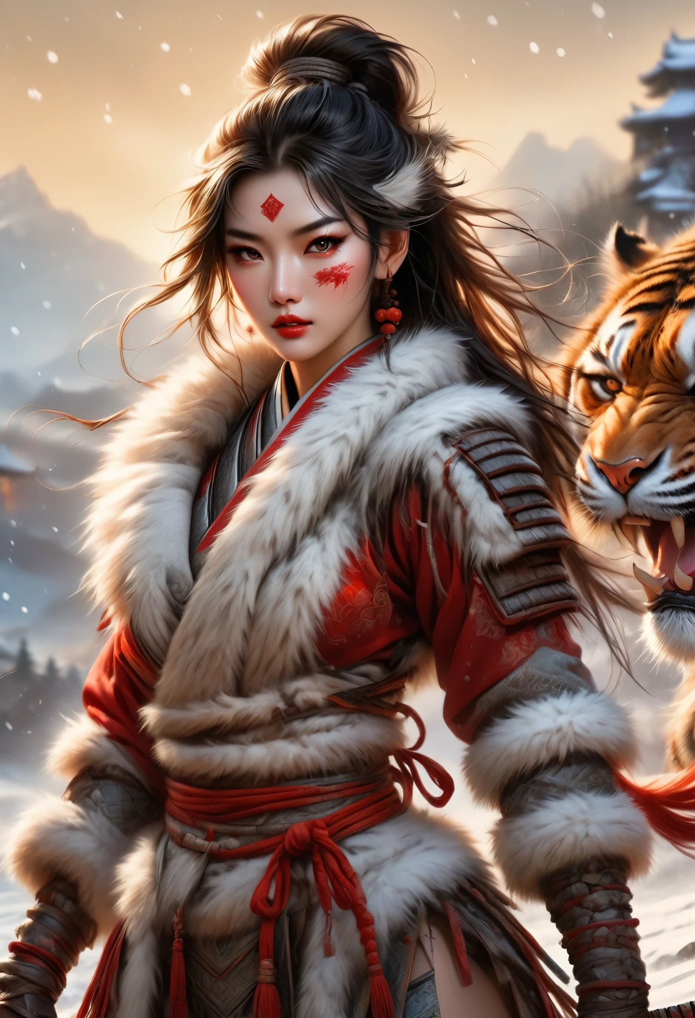 (best quality,4k,8K,High resolution,masterpiece:1.2),Extremely detailed,(Practical,photoPractical,photo-Practical:1.37),Thick fur winter coat,Creative fusion of traditional Chinese design patterns and contemporary elements, High Ponytail，Blood stains on face，Red paint， Intense expression, Energetic, Sharp eyes, 1 Samurai, Handsome face, Tiger beast, Epic Fantasy Character Art, wearing intricate fur armor, Luis Royo (Luis Royo) style, Northern female warrior holding a spear, HDR, Ultra HD, Studio Lighting, Super Fine, Clear focus, Physically Based Rendering, Extremely detailed的描述, professional, Bright colors, Bokeh, portrait, landscape