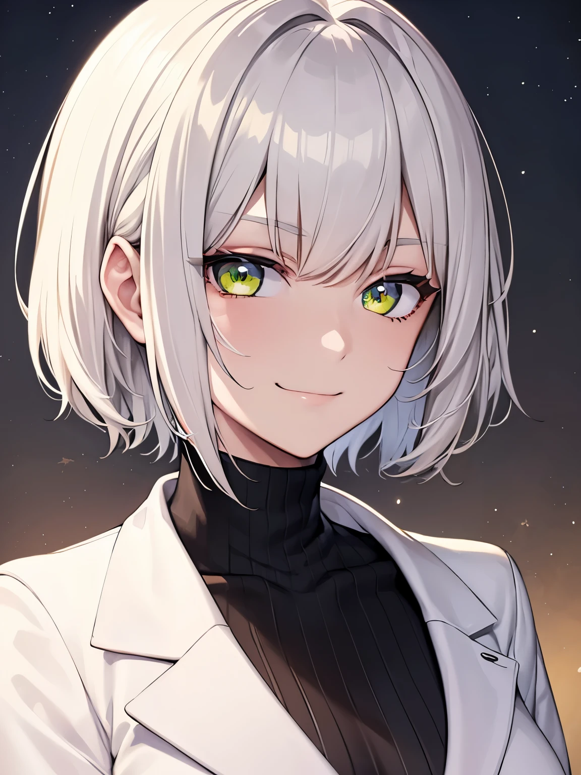 lineart, rkgk, 1girl, platinum blonde hair, short hair, lime eyes, glowing eyes, breasts, white jacket, black turtleneck sweater, light smile, smug, upper body, portrait, close-up, nighttime