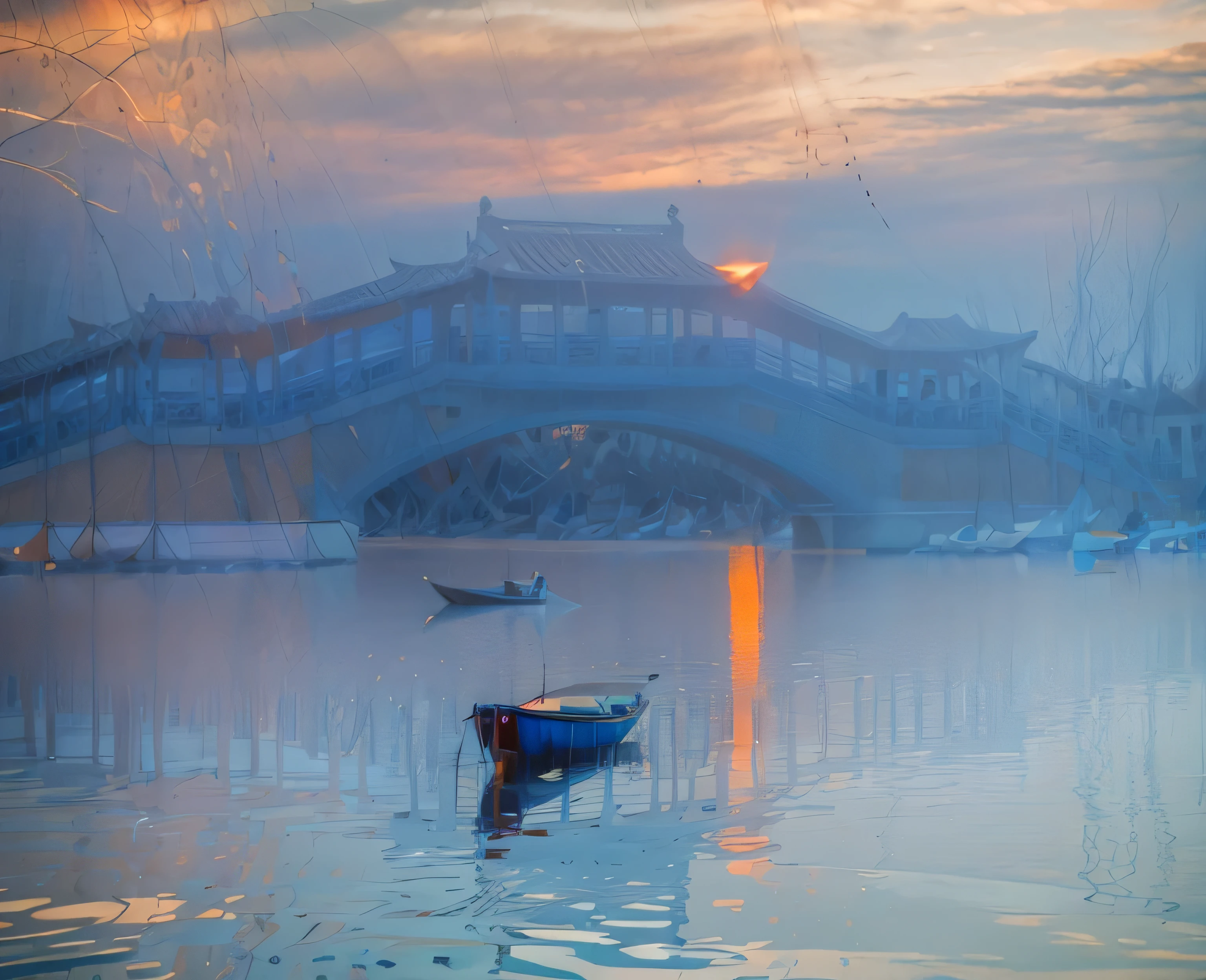 Long exposure la photographie，Award-winning la photographie，Pratique，Dans les eaux avec des bateaux，coucher de soleil, ，Éclairage époustouflant, abstrait， Claude Monet，abstrait，la photographie，haute qualité，bleu，orange，coucher de soleil，Beau paysage，photo，photoPratique,brut,Canard,