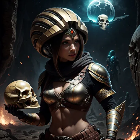 a female warrior is holding a Aliens's skull in her hand and talking to it
