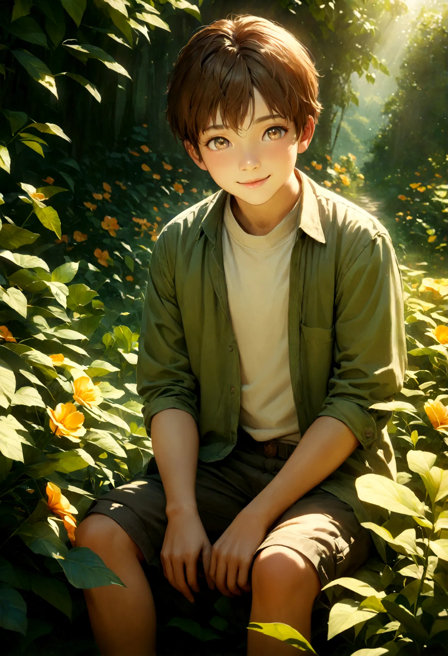 A young boy, detailed facial features, beautiful eyes, cute smile, short brown hair, sitting outdoors in a lush green garden, su...