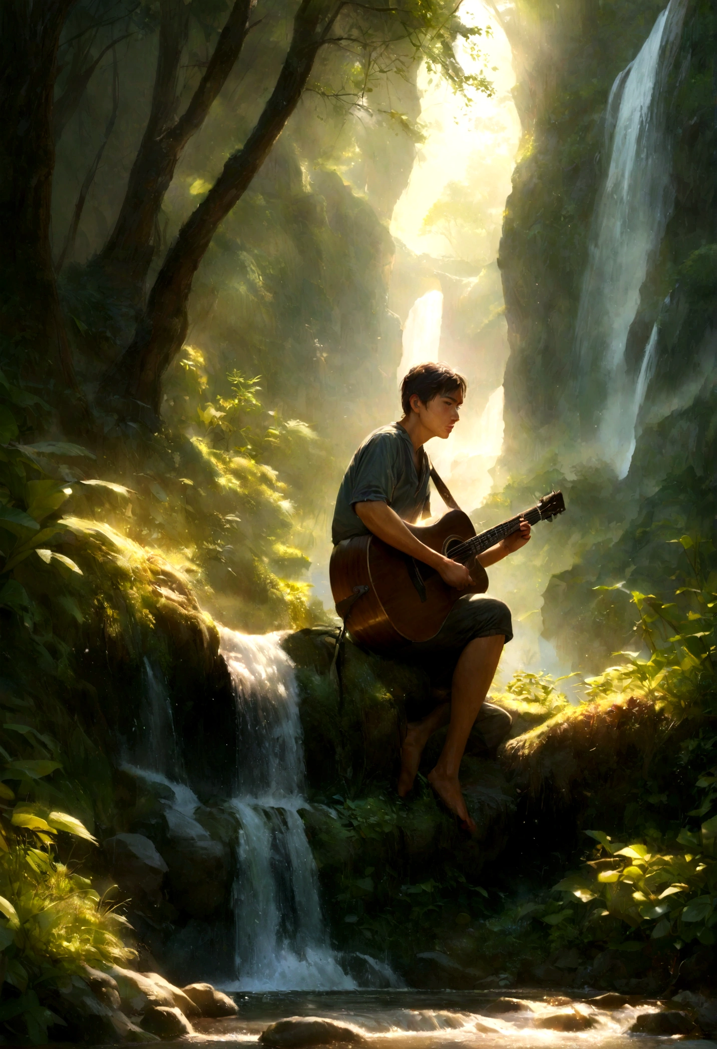 In the style of Studio Ghibli, a boy playing guitar by stream, waterfall, wilderness, realistic, photorealistic, 8k, ultra-detailed, extremely detailed, highly detailed, masterpiece, best quality, vivid colors, natural lighting, dramatic lighting, moody lighting, cinematic, atmospheric, serene, peaceful, tranquil, beautiful, peaceful landscape, lush vegetation, dense foliage, dramatic sky, fluffy clouds, golden hour, dappled sunlight, intricate details, intricate textures, hyper realistic, stunning, breathtaking, amazing, awe-inspiring, flawless