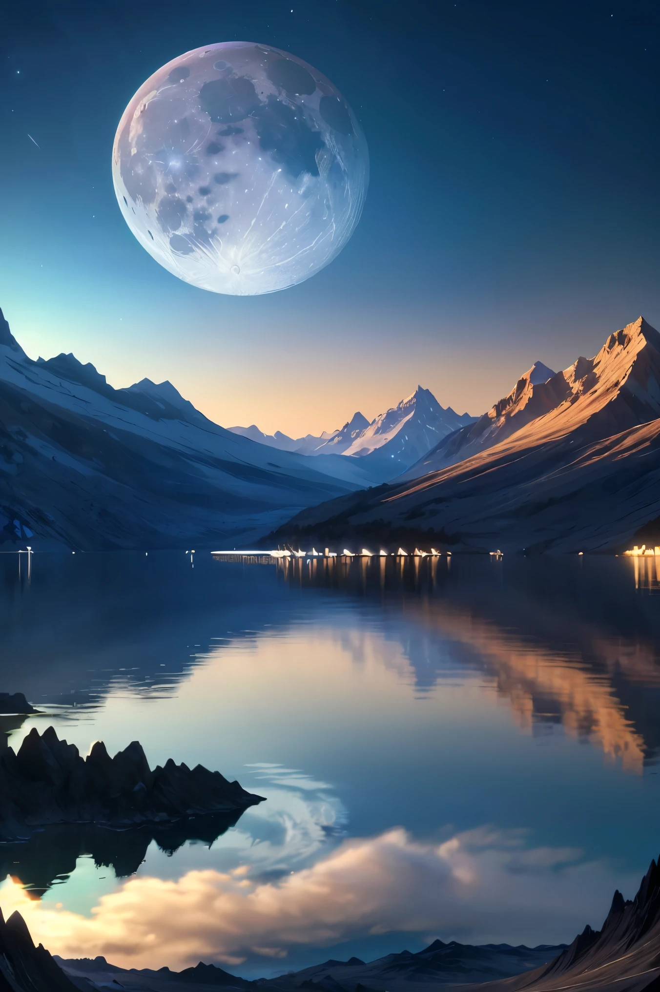 1girl nas montanhas e em um lago com uma lua no céu, Arte digital altamente detalhada em 4k, Papel de parede hd 4 k muito detalhado, impressionante paisagem de fantasia, papel de parede de fantasia de ficção científica, papel de parede de motor irreal 4k, Arte digital detalhada em 4k, papel de parede de fantasia de ficção científica, paisagem épica de fantasia onírica, pintura digital fosca 4k hd, Arte deslumbrante em 8k  