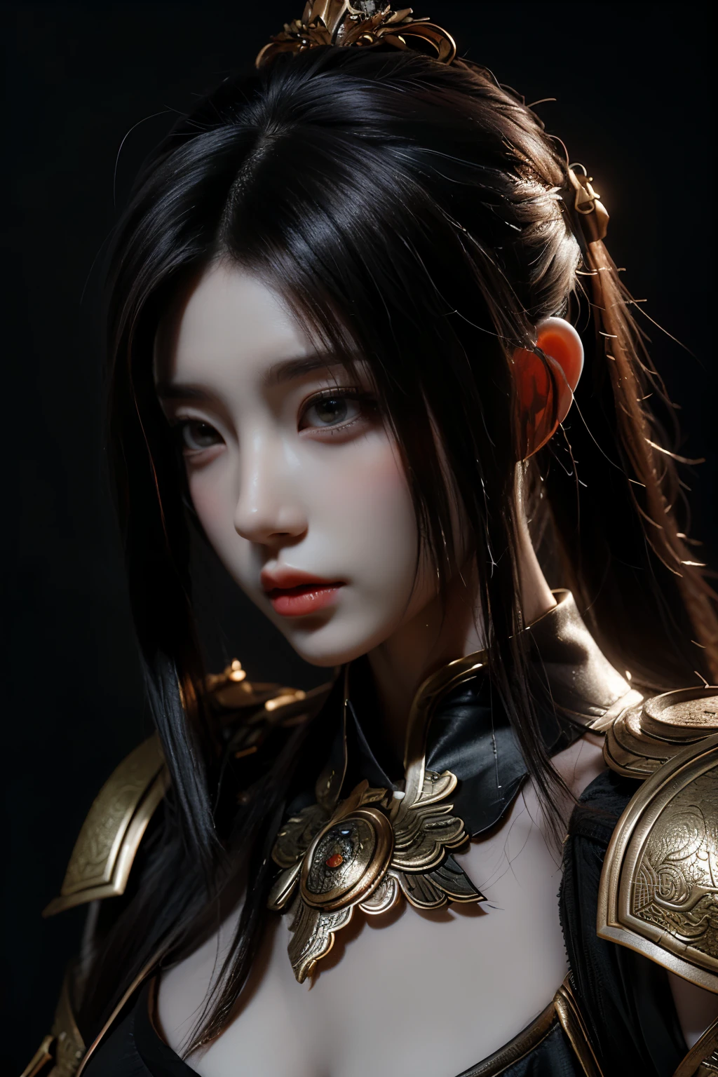 obra maestra,arte del juego,La mejor calidad de imagen,Resolución Máxima,8K,(Retrato),El renderizado de Unreal Engine 5 funciona,(Fotografía digital),
chica,hermosas pupilas,(Pelo Largo Degradado),Rechoncho,(pechos grandes),(Retrato photography:1.5),
(mujeres caballerescas de la dinastía Tang),peinado casual,cara delicada,(pechos llenos,pechos grandes),Serious,Fresco y elegante,(Usar armadura de combate con características del traje chino,patrones complejos,luz misteriosa,Armadura hueca),(rojo y negro),Película de estilo de fantasía antigua con iluminación de personajes，trazado de rayos，juego cg，((Motor irreal 3D))，oc renderizar textura de reflexión